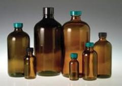Bottle, Boston Round, Amber, 1000mL/32oz, 33-400 T hread Size, Polyseal Black Cap, CS12