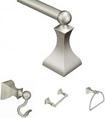 Moen Retreat Bath Accessory Bundle - Includes 18-Inch Towel Bar DN8318BN, Robe Hook DN8303BN, Double Post Pivoting Toilet Paper Holder DN8308BN, and Bathroom Hand Towel Ring DN8386BN, Brushed Nickel
