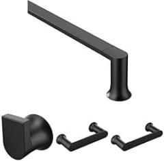 Bundle of Moen Genta Matte Black Modern 18-Inch Towel Bar, BH3818BL, Single Robe Hook, BH3803BL, Wall Mount Pivoting Toilet Paper Holder, BH3808BL, and 6.8-Inch Length Hand-Towel Bar, BH3886BL