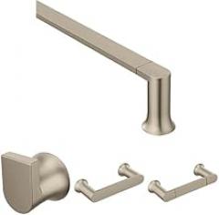 Bundle of Moen Genta Brushed Nickel Modern 18-Inch Towel Bar, BH3818BN, Single Robe Hook, BH3803BN, Wall Mount Pivoting Toilet Paper Holder, BH3808BN, and 6.8-Inch Length Hand-Towel Bar, BH3886BN