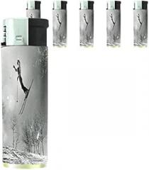 Vintage Retro Skiing Skier Skis Set of 5 Lighters S26 Electronic Refillable Flame Cigarette Smoking