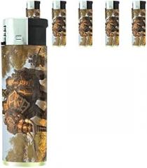 Elephant Art Scene Set of 5 Lighters S36 Electronic Refillable Flame Cigarette Smoking