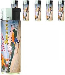 JS & Caren Vintage Retro Skiing Skier Skis Set of 5 Lighters S33 Electronic Refillable Flame Cigarette Smoking