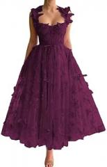 PRECISCRY Floral Bridesmaid Dresses 2024 Spaghetti Strapes Tulle FormalEvening Gowns Women's Lace Applique Dress Plum
