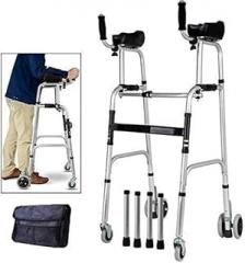 Walker Folding Standard Upright Posture Rolling Walker with Armrest Support Pad Medical 4 Wheel Walker Rollator Elderly Walking Aid Used for Seniors Walking