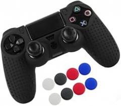 Silicone Soft Case Rubber Protective Skin Cover with Joystick Cap Cover for PS4 PS4 Slim Pro Gamepad Controller (Black)