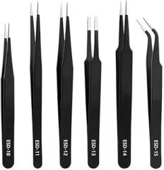 Precision Tweezers Set - 6PCS Anti Static ESD Industrial Tweezers Kit Matte Black, Fits for Electronics Repair, Soldering, Craft, Laboratory Work
