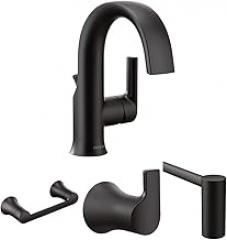 Moen Doux One-Handle High-Arc Laminar Stream Bathroom Faucet S6910BL, 24-Inch Modern Single Towel Bar YB0424BL, Pivoting Toilet Paper Holder YB0208BL, and Single Robe Hook YB0203BL, Matte Black