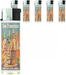 Refillable Electronic Lighter Set of 5 Pieces D-048 San Francisco, California - Cable Car in Chinatown - Vintage Airline Travel