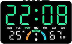 LED Electronic Clock with Large Screen Display for Home - Shows Time, Date, Temperature & Humidity, Comfort Level Indicator, Wall Mountable or Desktop Use, Detachable Bracket Included(Green)