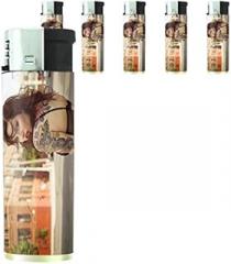 Tattoo Ink Pin Up Girls Model Set of 5 Lighters S22 Electronic Refillable Flame Cigarette Smoking