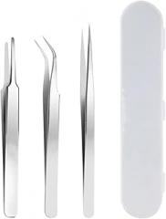 3 Pcs Stainless Steel Precision Tweezer Set Fine Point Straight Tweezers Angled Tip Metal Tweezers Flat Tip Craft Tweezer with Storage Box for Electronics Jewelry Making