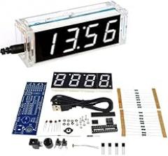 4 Digital DIY Electronic Clock kit Multicolor LED time Week Temperature Date Display with Clear case Cover (White)