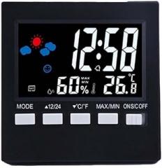 Voice-Activated Backlit Thermometer and Hygrometer with Electronic Alarm Clock, Black