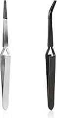 Reverse Tweezers, Cross Locking Tweezers Stainless Steel Soldering Tweezers with Straight & Bend Rubber Tips Reverse Action Craft Tweezers for Crafting Jewelry Electronics (Black, Silver)