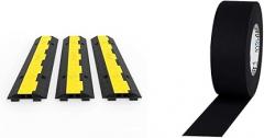 Happybuy 3 Pack of 2 Channel 11000lbs per Axle Capacity Protective Wire Cord Ramp Driveway Rubber Traffic Speed Bumps Cable Protector, 2, Black and Yellow & Pro Gaffer Gaffers Tape, Black