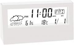 Thermo-Hygrometer Clock with LED Display for Indoor Temperature and Humidity Monitoring, Electronic Alarm Clock with Weekday Calendar, Black/White, 2 x AAA Batteries Required (Not (White)