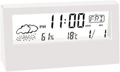 Thermo-Hygrometer Clock with LED Display for Indoor Temperature and Humidity Monitoring, Electronic Alarm Clock with Weekday Calendar, Black/White, 2 x AAA Batteries Required (Not (White)