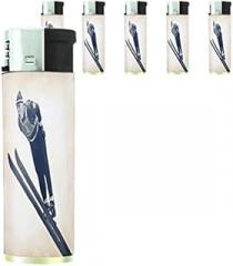 Vintage Retro Skiing Skier Skis Set of 5 Lighters S42 Electronic Refillable Flame Cigarette Smoking