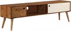 Mid-Century Modern TV Cabinet with Sliding Doors, Solid Sheesham Wood Storage Unit for Electronics and Media Organization