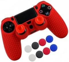Silicone Soft Case Rubber Protective Skin Cover with Joystick Cap Cover for PS4 PS4 Slim Pro Gamepad Controller (Red)