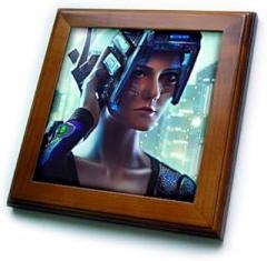 3dRose 8x8 Framed Tile - Fantasy Woman Cyborg in an Electronic Helmet. Digital Art Gift, Charm Alexis Design - Cyborg Fantasy