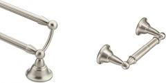 Moen Sage Collection Spot Resist Brushed Nickel 24-Inch Double-Towel Bar, Wall Mounted Bath Towel Hanger with Two Rods, DN6822BN & DN6808BN Sage Toilet Paper Holder, Brushed Nickel
