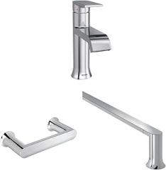 Moen 6702 Genta One-Handle Single Hole Modern Bathroom Sink Faucet with Optional Deckplate Bundle with BH3818CH Genta Modern 18-Inch Towel Bar, BH3808CH Genta Pivoting Toilet Paper Holder, Chrome
