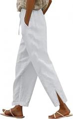 Generic Linen Pants for Women 2025 Summer Elastic High Waist Split Hem Pants Casual Loose Fit Drawstring Trousers with Pocket