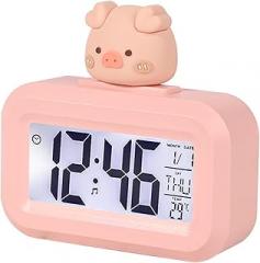 Desk Clock Digital Clock Temperature Display Large Screen Mini Size Electronic Date and Day Alarm 8 Different Rings Piggy Shape Desktop Cute Bedroom Decor