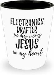 EzGift Funny Electronics Drafter Shot Glass In My Veins Jesus In My Heart Inspirational Christian Quote Coworker Gift 1.5 Oz Shotglass