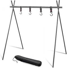 Foldable Tripod Camping Hanging Rack - 4 Hooks Outdoor Cookware Storage Portable, Outdoor Camping Folding Rack (Large)