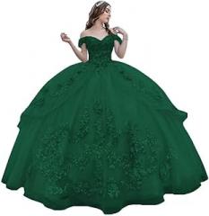 PRECISCRY Off Shoulder Quinceanera Dresses for Teens Puffy Sparkly Tulle Prom Gown 3D Floral Lace Sweet 15 16 Ball Gowns PRY163 Emerald Green