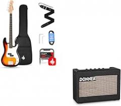 Donner Electric Bass Guitar 4 Strings Full-Size Standard Bass PB-Style Beginner Kit Sunburst and Donner Mini Electric Guitar Amp Wooden 3W Small Guitar Amplifier M-3 Desktop Practice Guitar Speaker