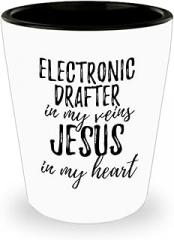 EzGift Funny Electronic Drafter Shot Glass In My Veins Jesus In My Heart Inspirational Christian Quote Coworker Gift 1.5 Oz Shotglass