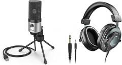 FIFINE Voice Over Microphone and Studio Monitor Headphones, USB Computer Microphone,Wired Headphones 3.5mm/6.35mm on PC/Mixer for Streaming Zoom Video Meeting Podcast Monitoring (K669S+H8)