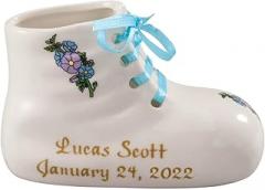 NOASR Porcelain Personalized Baby Bootie Heirloom-Blue Boy-Customize Ceramic Baby Shoe Keepsake with Baby Name, Birth Date, Time, Weight and Length-Birth, Baptism or Christening Gift-4? Long by 2? Wide