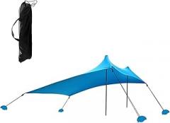 Spacious Beach Tent Canopy Sandbag Anchors - Portable UPF 50+ Awning 3-4 People (Blue)