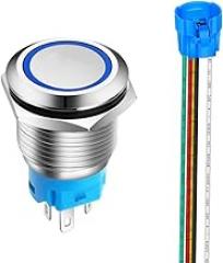 0.75 Inch/19mm Stainless Steel Momentary Push Button 12V-24V LED 1NO1NC SPDT ON Off Waterproof Button with Wire Socket Plug (Blue LED)