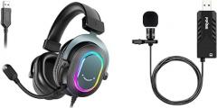 FIFINE PC Gaming Headset with 7.1 Surround Sound, RGB, Soft Ear Pads, USB Lavalier Microphone for Laptop and Mac (H6+K053)