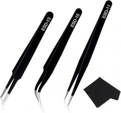 Precision Tweezers Set, 3 Pcs Upgraded Stainless Steel Anti-Static ESD Tweezers with Cleaning Cloth, for Craft, Electronic, Soldering, Model, Hobby, Jewelry Making, Laboratory Work, DIY