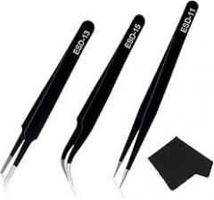 Precision Tweezers Set, 3 Pcs Upgraded Stainless Steel Anti-Static ESD Tweezers with Cleaning Cloth, for Craft, Electronic, Soldering, Model, Hobby, Jewelry Making, Laboratory Work, DIY