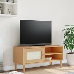 Modern Rattan Look TV Cabinet with Sliding Door, 3 Shelves Storage Unit for Living Room Entertainment Center, Brown Solid Pine Wood TV Stand with Ample Space for Electronics
