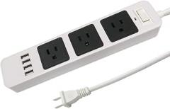Power Strip 2 Prong Extension Cord 6.6-Foot Power Cord with 3 Outlets and 4 USB Surge Protector Flat Plug (White-Black)