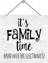 Wood Hanging Decor Sign It's Family Time Hand Over The Electronics Wood Wall Sign, Retro Farmhouse Home Decor Gift for Home Living Dining Bedroom Entryway Hallway 5x5inch