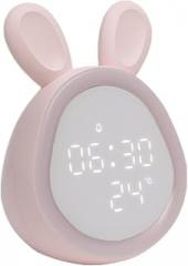 Clocks Bedroom Wall Decor Sound Control Rabbit Night Lamp Desk Rechargeable Music Voice Clock Cartoon Digital Alarm Clock Electronic Display Living Room Wall Decor(White) (Pink One Size)
