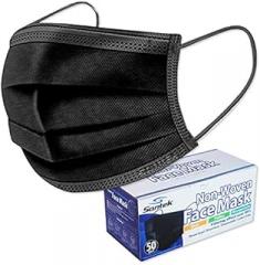 Santek Black 50+ SPF UV Face Masks for Sun Protection — 3-Ply Filter, ASTM Level 2, Non-Woven, Breathable & Comfortable Disposable Masks for Men & Women, 50 Pcs (1 Box)