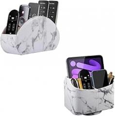 White PU Leather 360° Rotating Remote Control Organizer with 5 Compartments - Desktop Organizer for TV Guides, Controllers, Eyeglasses, Pens and Electronics