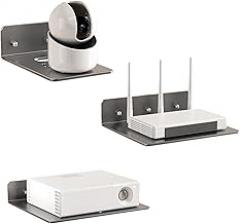 Floating Wall Shelf Set of 3, Projector Shelf Metal Wall Mount with Cable Management, No Drill Shelf for Router, Modem, Cable Box and Electronics (Grey)