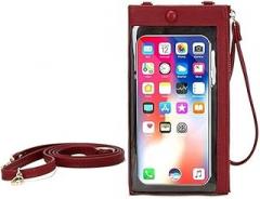 Aslana Women Faux Leather Long Wallet Wristlet Handbag with Touch Screen Clear Phone Window (Double Zipped Burgundy)